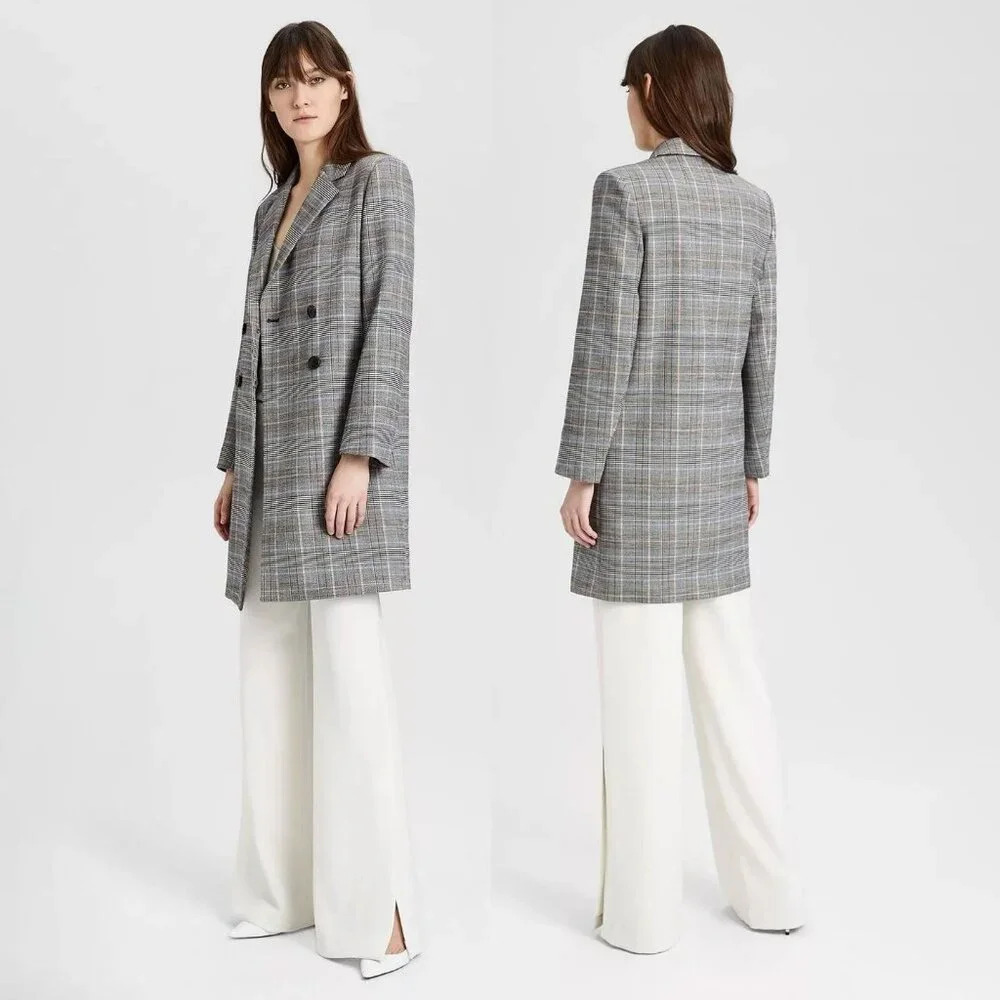 Theory Womens Double Breasted Plaid Wool Coat Blue Brown Grey Check Size Small